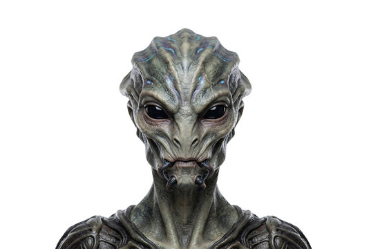 Realistic extraterrestrial alien head portrait with detailed reptilian skin texture, dark glossy eyes, mandibles, and sci-fi creature features.