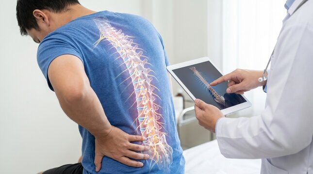 Man with back pain consulting doctor showing spine on tablet with being consulted doctor consultation vertebrae vertebral sickness skeletal medical anatomy health with injury