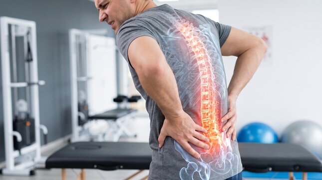 Man experiencing back pain with highlighted spine in a physiotherapy room with his shirt physiotherapy spine visible through clutching his lower discomfort treatment equipment