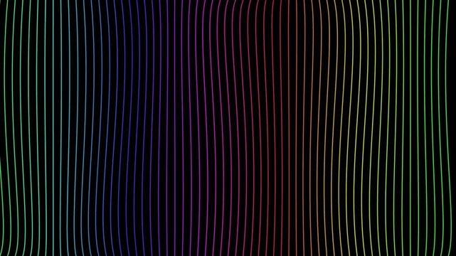 Vibrant rainbow lines wave in rhythmic motion across black digital background creating hypnotic visual patterns for professional video loop animation