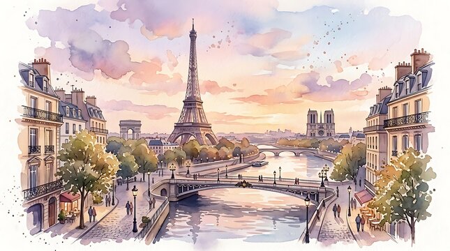 Scenic Paris city skyline illustration featuring historic river bridges and architectural landmarks under a warm sunset sky in watercolor style