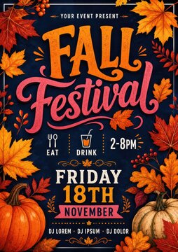 Vintage fall festival poster design, autumn leaves on dark background, hand lettered typography for event flyer