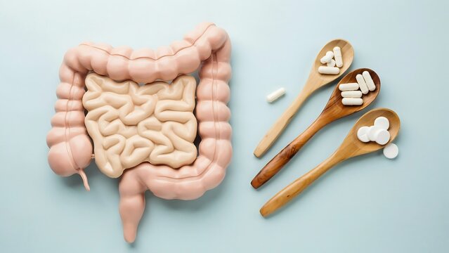 Human digestive system illustration with pills