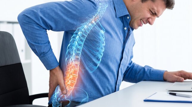 Man experiencing back pain at office desk with highlighted spine with blue shirt clutching while sitting office clutching his lower discomfort vertebrae suffering workplace