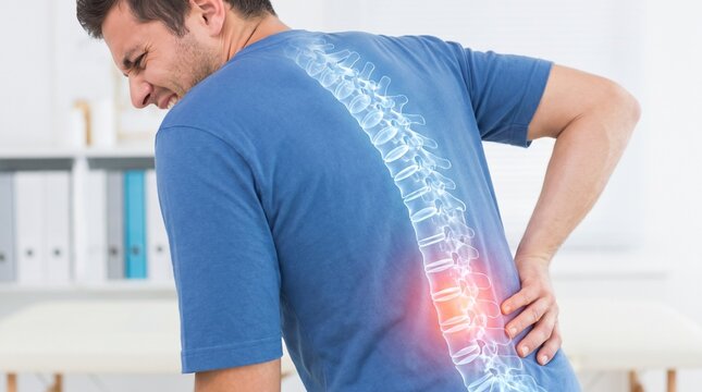 Man with back pain spine overlay office background with blue shirt holding holding his lower t shirt anatomical suffering vertebrae highlight skeleton clothing medical with anatomy
