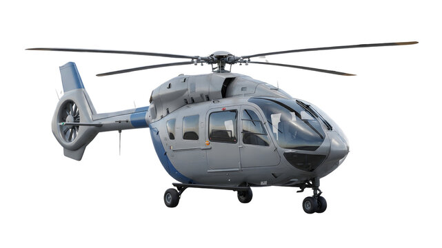 Modern grey and blue helicopter with fenestron tail side profile view