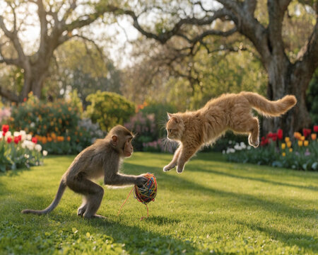 Playful monkey reaching toward a leaping ginger cat in a sunny flower garden