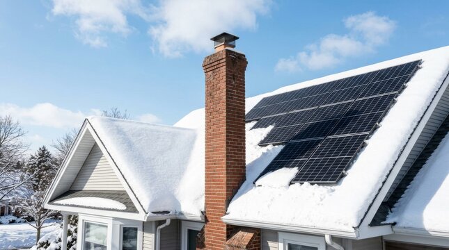 Residential rooftop solar panels partially covered in snow during winter.
