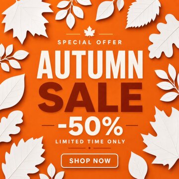Autumn sale promo banner, orange fall leaves background with -50% discount text, seasonal special offer ad design