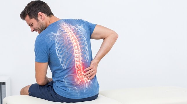 Man experiencing back pain with highlighted spine with clutching his lower back discomfort man sitting white surface ribs visible through suffering skeleton backache with skeletal