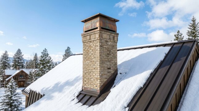Stone chimney on a snowy roof of a winter cabin.