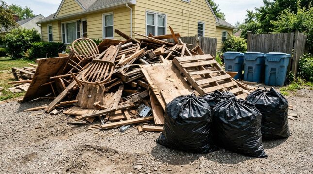 Large Pile of Household Debris and Trash Outside a Residential Home.