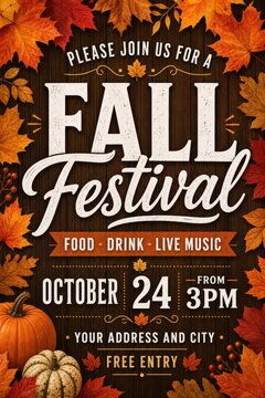 Vintage fall festival poster, orange autumn leaves background, October 24 3PM event flyer typography design