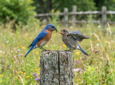 An adult blue bird feeding a worm to a hungry fledgling chick perched on a weathered wooden fence post in a lush meadow filled with wildflowers.