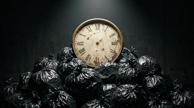 Vintage clock resting on a pile of black garbage bags.