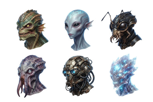 Six sci-fi alien creature heads including reptilian, aquatic, insectoid, tentacled, robotic, and crystal entities.