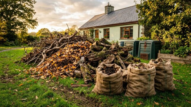 A rustic garden scene with a large pile of firewood and burlap sacks during autumn.