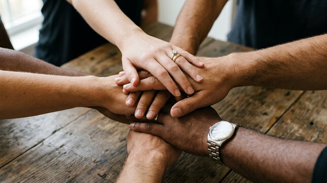 Diverse team hands stacked together, community support and unity concept, multiethnic group cooperation on wooden table