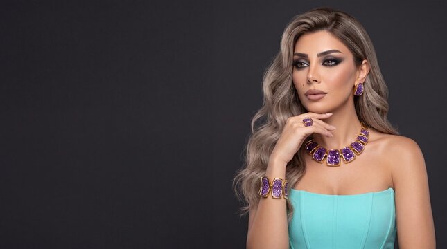Glamorous woman wearing gold purple druzy crystal jewelry set in mint green dress, fashion model portrait with dark copy space