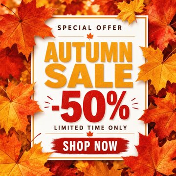 Autumn sale promotional banner with -50% discount text, orange fall leaves background, seasonal retail offer design