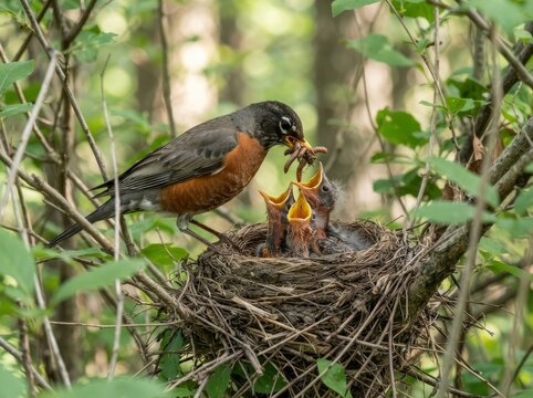 An adult songbird perched on the edge of a nest made of twigs, feeding a group of hungry, open-mouthed chicks with earthworms in a lush, green forest setting.