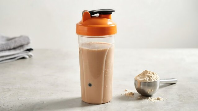 Orange shaker bottle with protein shake and scoop on light surface