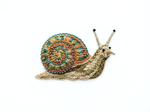 Colorful knitted snail with spiral shell in orange and teal pattern