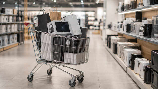 Shopping cart full of electronics and appliances in modern retail store during Black Friday sale