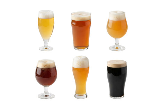 Six different craft beers served in distinct glassware types ranging from light pilsner and amber ale to dark stout with foam heads.