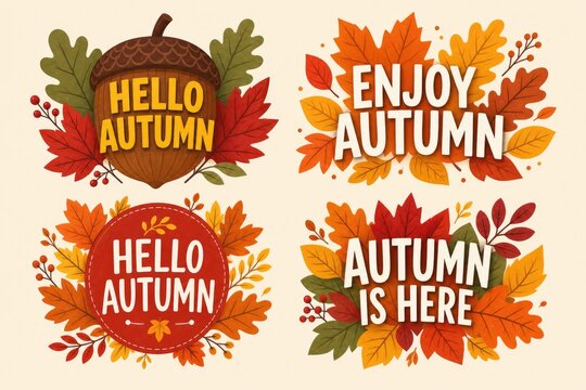 Autumn greeting typography set, Hello Autumn and Enjoy Autumn quotes, orange fall leaves and acorn sticker design