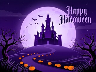 Fototapeta premium Happy halloween greeting card with haunted castle pumpkins and full moon in purple night sky