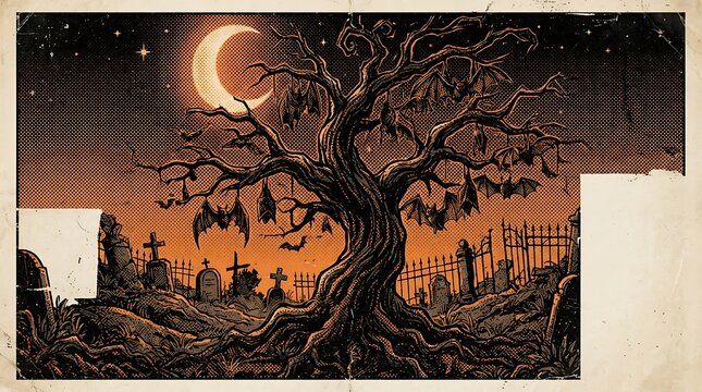 Silhouette of haunted tree with bats flying at full moon night for horror background
