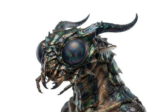 Detailed 3D render portrait of an alien insectoid creature head with big compound eyes horns and sharp mandibles