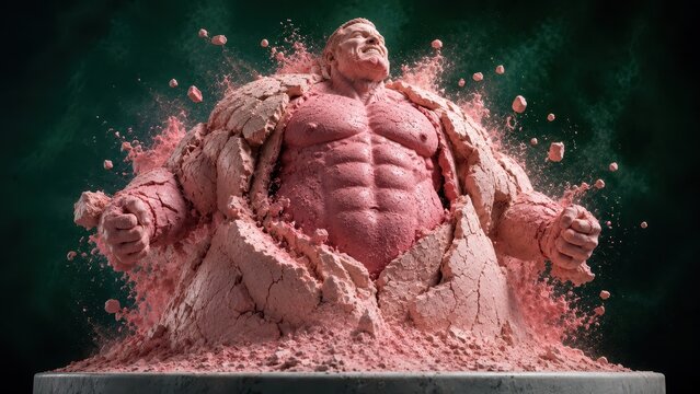 Powerful Muscular Man Breaking Through Stone in Strength and Transformation Concept