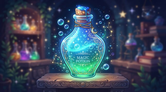 Glowing magic potion bottle with sparkling liquid on a wooden table in a fantasy lab