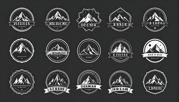 collection of retro pixel art mountain badges and emblems in white on a dark background, outdoor adventure icons