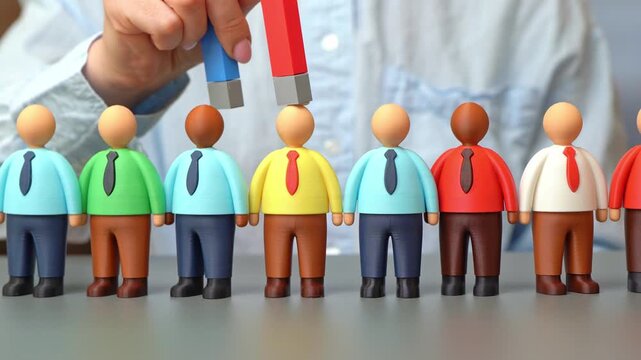 Employer recruits employees with a magnet. Hiring staff from a quality human resource. Professional job candidates. Employment of talented workers. Identifying people with skills, leadership qualities