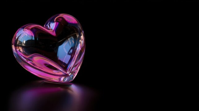 Transparent Glass Heart with Pink Neon Glow on Black Background
