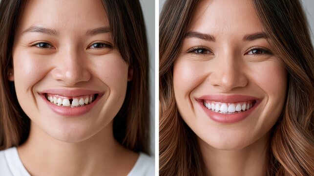 Before and After Missing Front Tooth Restoration in Smiling Woman