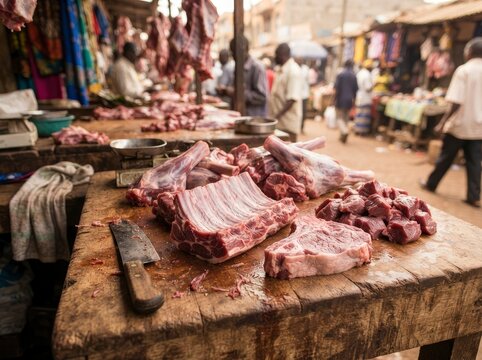 Fresh cuts of raw meat, including rib racks and chunks of beef, arranged on a weathered wooden butcher block table with a steel knife at a bustling outdoor open-air market.