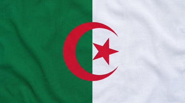 Algeria flag with green and white bands, red crescent and star symbolizing peace and Islam.