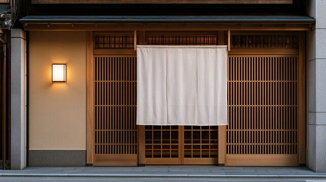 Traditional Japanese Restaurant Entrance with Noren Curtain and Wooden Facade