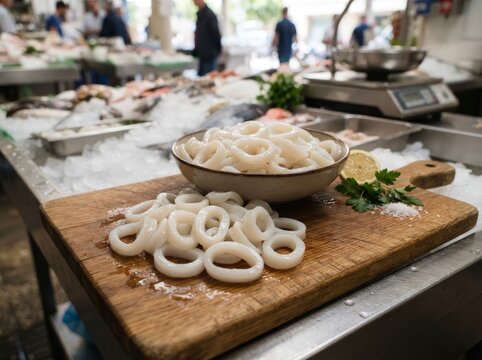 Fresh raw squid rings arranged in a bowl and on a wooden cutting board with lemon and parsley at a market stall with ice.