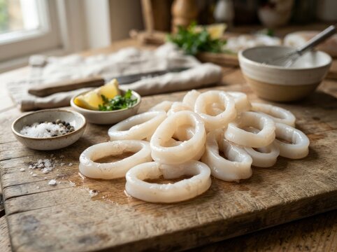 Fresh raw squid rings arranged on a rustic wooden cutting board with bowls of lemon, herbs, salt, and peppercorns in a kitchen setting.
