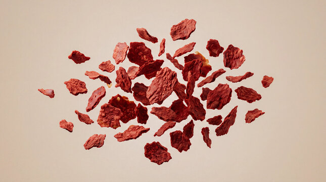 Korean gochugaru chilli flakes floating in mid-air 
