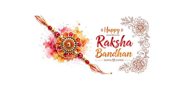 Elegant Decorative Rakhi Thread Illustration with Watercolor Splashes for Happy Raksha Bandhan Festival.
