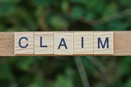 gray word claim made of wooden square letters on green background