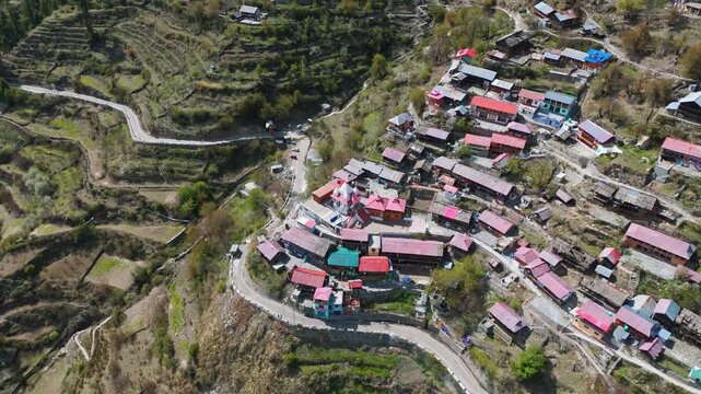 Beautiful Aerial View of Mukhwa Village and Ganga Temple Surrounded by Lush Himalayan Forests