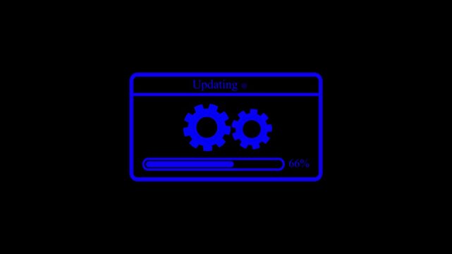 software system update progress bar icon animation with rotating gears on black background, digital loading interface and technology motion graphic