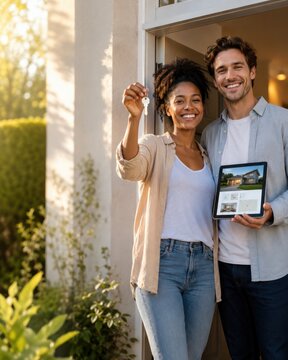 Interracial couple holding house key and tablet with real estate listing at doorway of new home